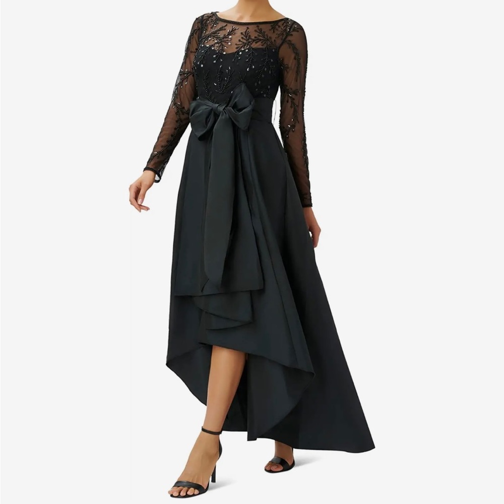 Adrianna Papell Beaded Round Neck Long Illusion Sleeve High-Low Gown.